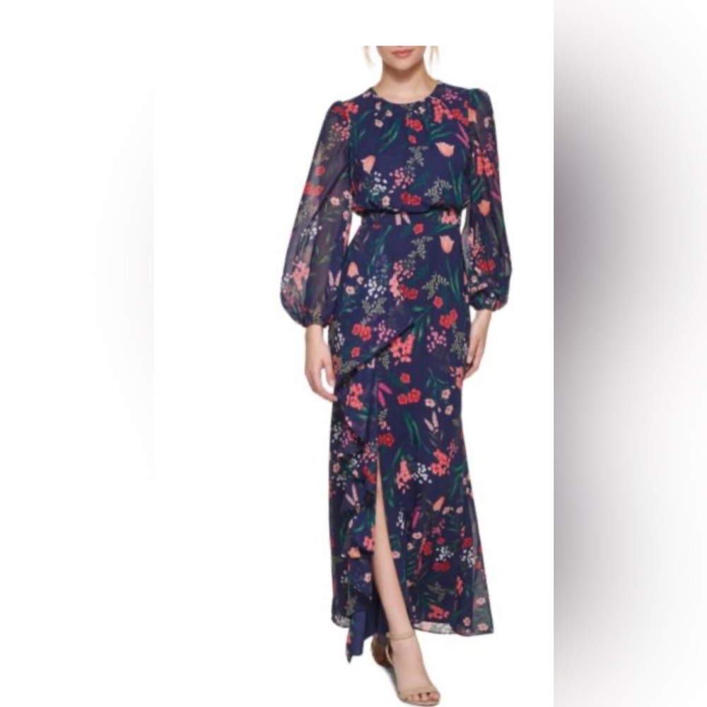 NWT ELIZA J Floral Print Chiffon Crew Neck Long Sheer Sleeve Maxi Dress, size 6